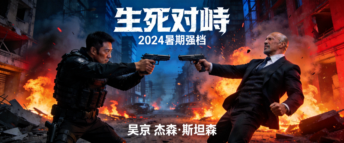 热门动作电影大片海报，主角持枪对峙场景